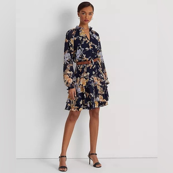 Lauren Ralph Lauren Floral Belted Crinkle Georgette Dress, Plus Size 22W NWT